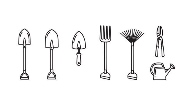 Collection of hand drawn garden tools including shovels rakes and pruners for cultivation silhouette