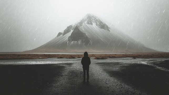 Person stands facing a snow-capped mountain during a rainstorm. - Powered by Adobe