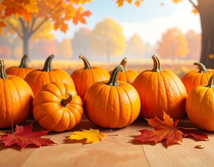 Group of orange pumpkins and fall leaves on a wooden table, outdoors