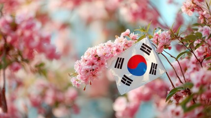 Cherry blossoms frame South Korean flag in full bloom during spring celebration in a park