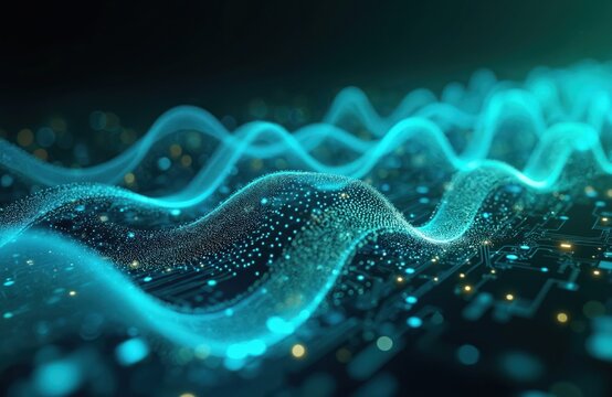 Glowing blue and green waves show digital data flow on circuit. Modern tech background displays energy transmission system. Concept for ai, computing, motherboard, connection, network, innovation.