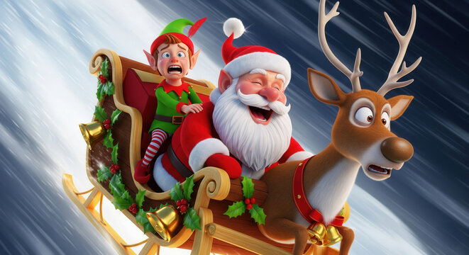 Funny Santa Claus flying in sleigh with elf and reindeer