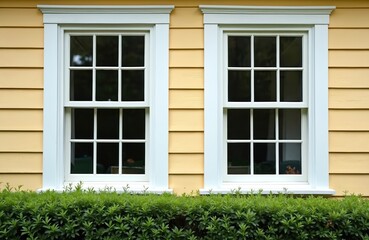 Fototapeta premium Two double hung windows on a yellow wall are seen. White frames around windows contrast with the wall. Green bushes sit below. Exterior view of an old building.