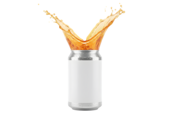 Orange soda bursting out of a can, isolated on a white background

