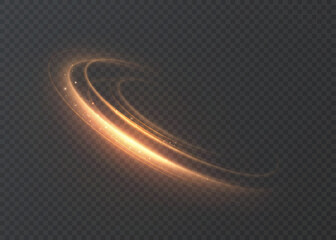 A golden curved arc of light with a soft glow and motion blur against a dark background  a bright light trail. Vector © MAKSYM