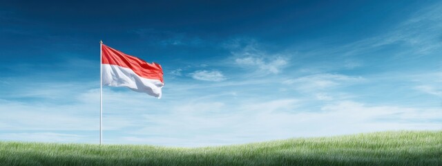 Red and white flag waving in a clear blue sky over green grassland during the day