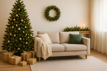 Cozy Christmas Living Room with Neutral Tones and Decor