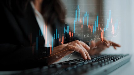 Candlestick chart visualizing financial market trends, investment patterns, price fluctuations, and...