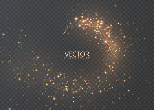 Golden magic comet with many sparkling dust particles and shimmering light effects. Vector light effect for dark background.	