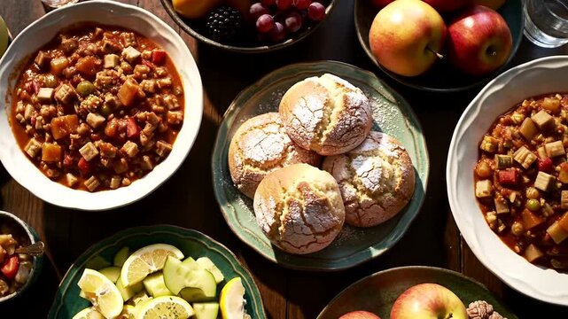rustic and hearty meal spread with bowls of stew, fresh bread rolls, and assorted fruit on a dark table.