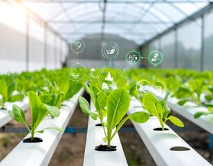 Inside a hydroponic greenhouse, plants thrive under smart farming symbols