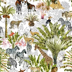 Gardinen Dschungel safari pattern featuring wild animals like lions, elephants, and giraffes with tropical palm trees. Perfect for kids' designs, wallpaper, and textiles.  © Елена Фаенкова