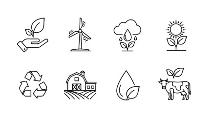 Eco-friendly farming and renewable energy icons for sustainable agriculture and green living silhouette