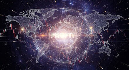 Digital global finance network, illuminated world map with 'PROFIT' symbol, representing economic growth, technological integration, and financial success