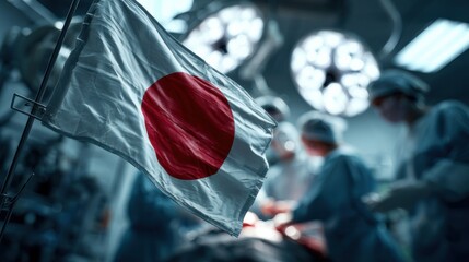 Surgeons operate in a Japanese hospital with the national flag visible in the foreground during a vital medical procedure