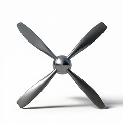 Obraz premium Silver four blade propeller on white background. This modern industrial object powers aviation and marine vehicles. It represents tech innovation, propulsion, and engineering. Sleek design is precise.