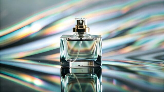 A square perfume bottle with a gold accent on a reflective surface with colorful light streaks behind