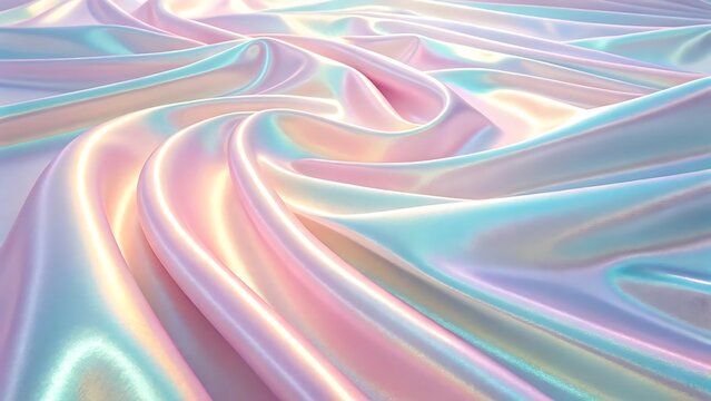 Iridescent fabric folds with pastel hues of pink blue and yellow creating a smooth and shiny surface