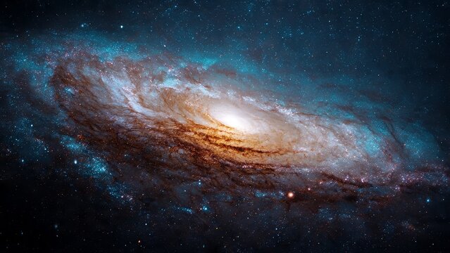 Spiral galaxy with bright core and blue nebulae in deep space cosmic cloud formations