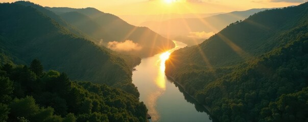 Golden sunlight streams across a misty river valley Breathtaking aerial view , scenic, flowing, outdoor scene