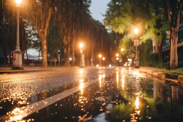 Night city street with glowing lights and moving cars in winter evening