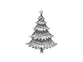 Christmas tree vector illustration, hand drawn pine tree sketch, vintage holiday design for festive greeting or decoration