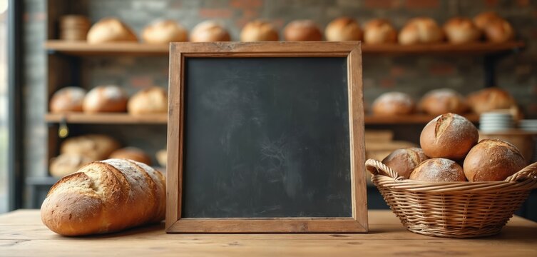 Blank blackboard mockup stands on rustic wooden table in bakery shop. Fresh baked bread loaf, rolls in wicker basket highlight organic food. Shelves in background filled with various artisan breads