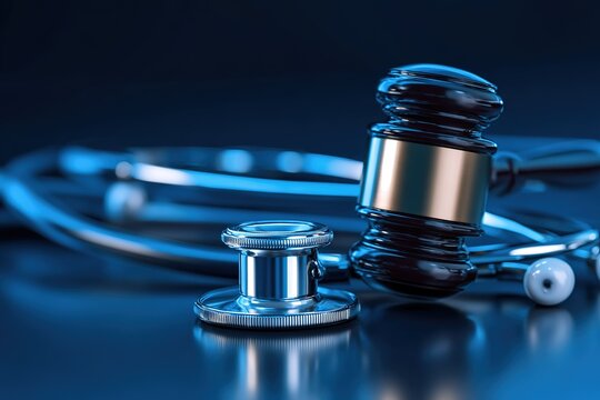 Legal and medical concepts blended together with a gavel and stethoscope on a dark background