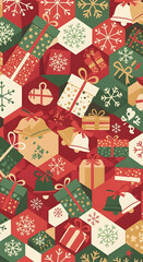 Festive Holiday Pattern with Gifts and Snowflakes in Red and Green
