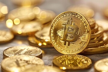 Shiny bitcoins stacked on each other, representing cryptocurrency investment and the future of finance