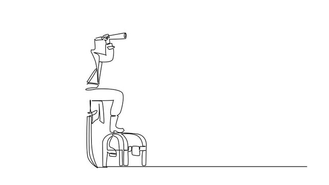 Self drawing animation of continuous one line drawing pirate uses monocular holding sword stuck in the ground and treasure chest. Monitoring gold. Do not Give Up the Ship Day. Full length animated