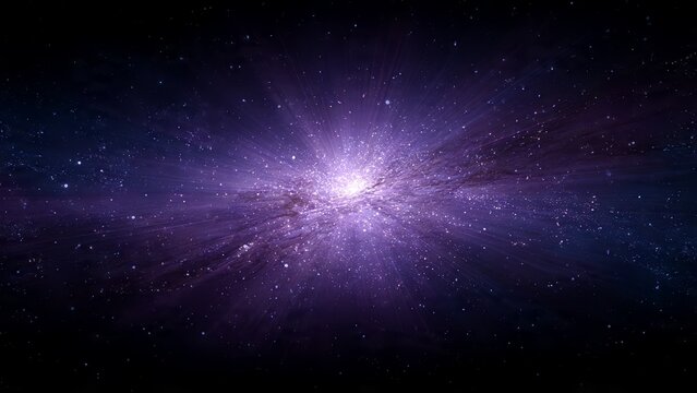 A swirling luminous purple nebula with countless stars radiating outward from a bright center