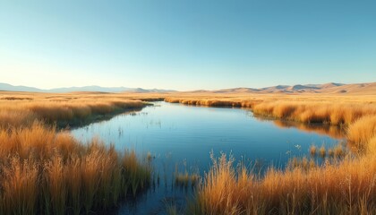 Fototapeta premium Prairie wetland with calm pond reflecting clear blue sky. Golden autumn grass surrounds water in peaceful marsh landscape. Serene natural steppe view with rolling hills on horizon, perfect for travel