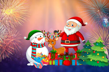 Happy holiday cartoon illustration with Santa Claus, a snowman, a Christmas tree, and gifts