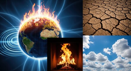 Collage of global warming effects burning earth cracked dry earth fireplace flames and cloudy sky