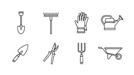 Obraz premium Collection of garden tools icons set shovel rake gloves watering can pruners trowel wheelbarrow silhouette