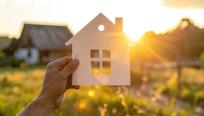 Paper House Silhouette Held Against Golden Sunset Over Rural Landscape Showing Old House
