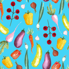 seamless pattern of watercolor vegetable elements on blue background. Different vegetables hand painted illustration. Pepper, eggplant, beet, cherry tomatoes, garlic, carrots, onions, zucchini, basil
