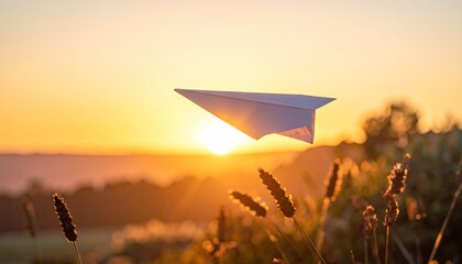 Paper Plane Soaring Above Meadow Silhouetted Against Vibrant Sunset Skies Golden Hour Sunlight Grasses and Horizon Background