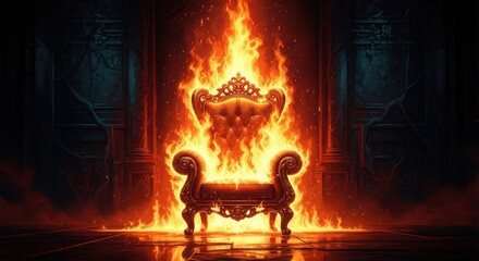 Ornate throne engulfed in intense flames and fiery energy against a dark dramatic background