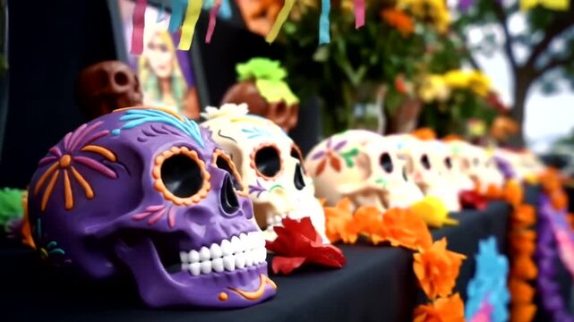 row of colorful sugar skulls for the Day of the Dead celebration.