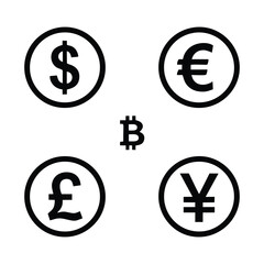 Global Currency and Cryptocurrency Icons: Dollar, Euro, Pound, Yen, and Bitcoin