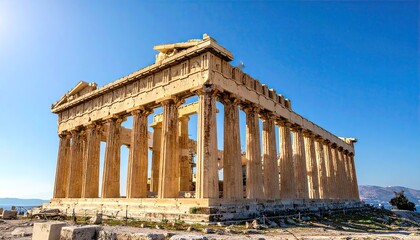 Parthenon Ancient Temple Ruin Against Sky in Athens Greece under Bright Sunny Conditions with Stone Texture and Architectural Details Historical Significance