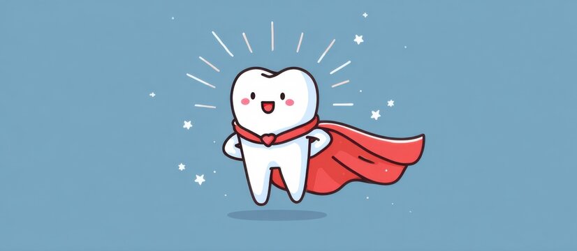 Bright superhero tooth character with a cape standing proudly against a blue background