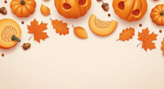Halloween Pumpkin Border with Autumn Leaves and Acorns. - Powered by Adobe