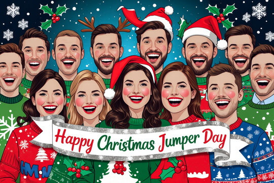 Cheerful big group of friends, men and women in Christmas jumpers at sweaters party AI Generative