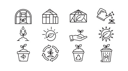 Hand-drawn greenhouse and gardening icons for sustainable agriculture and eco-friendly practices silhouette