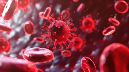 Close-up view of red blood cells and a virus in a bloodstream. The scene illustrates the interaction between blood and pathogens.