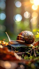 Snail Crawling on Forest Floor at Sunset