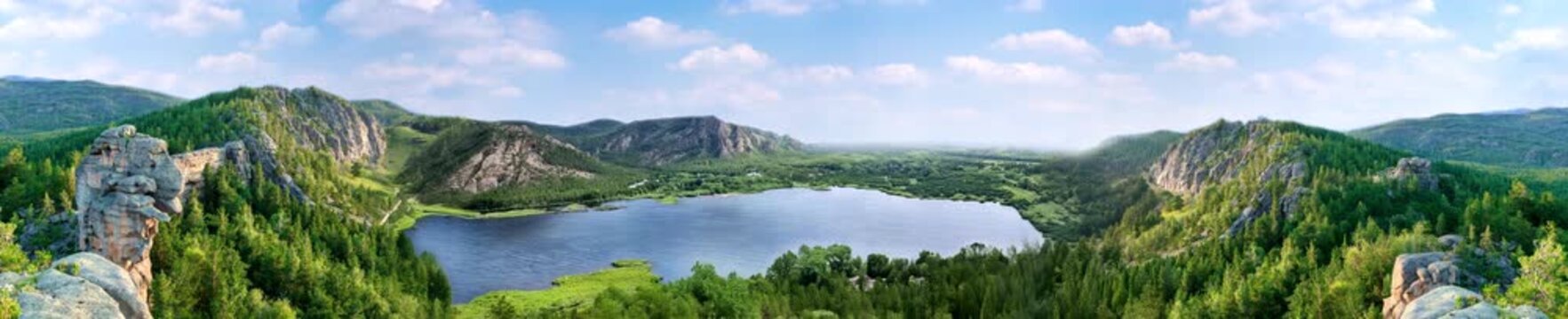 Mountain Lake with Forest and Rocky Cliffs | Seamless Loop Wide Screen Animation